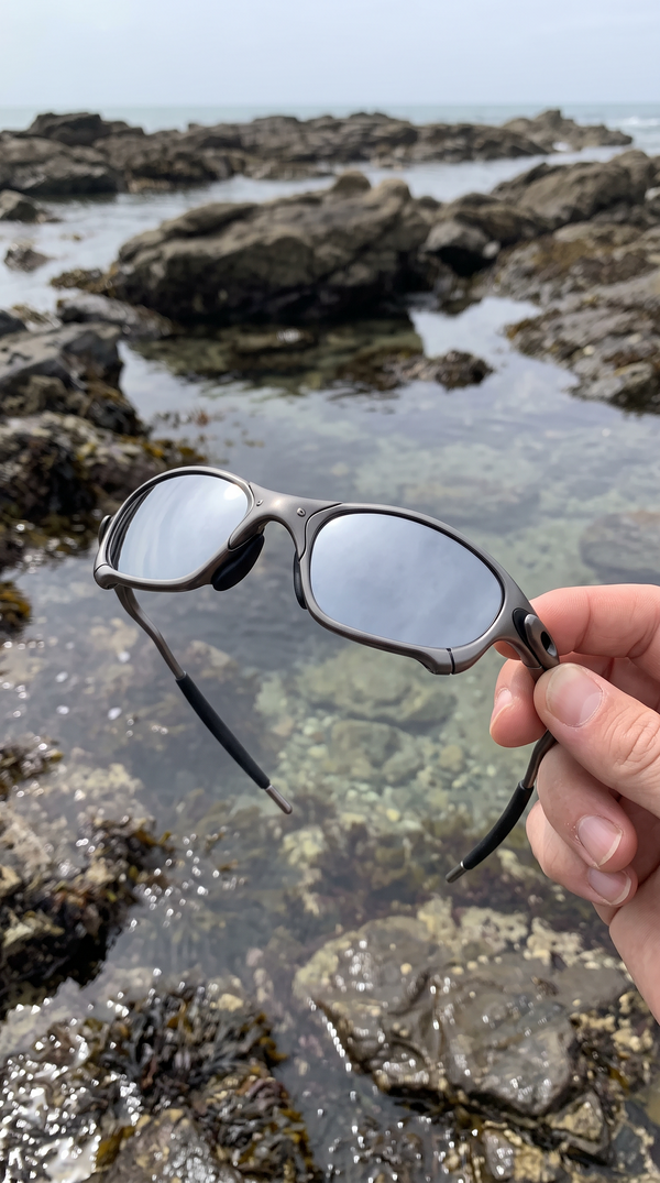 ALLOY metal sunglasses with silver mirror lenses at a rock pool
