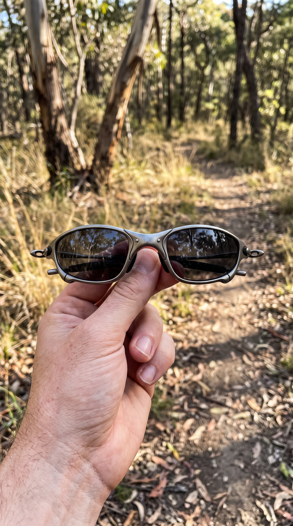 ALLOY metal sunglasses with smoke lenses on a bush track