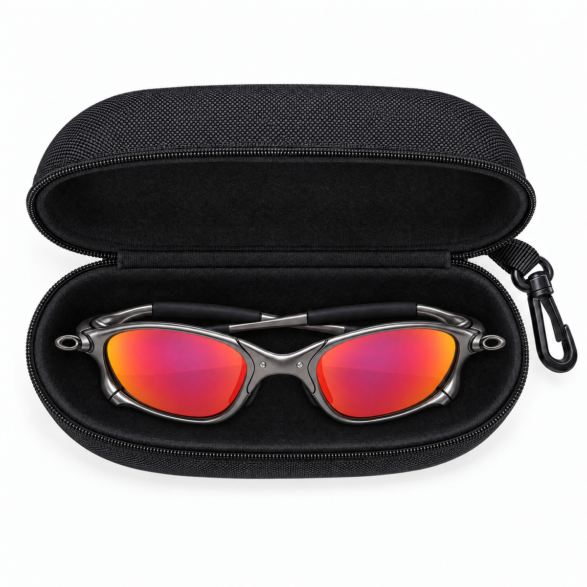 Houser Metal Sunglasses folded inside the hard zip case