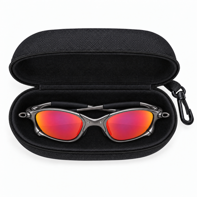Houser Metal Sunglasses folded inside the hard zip case